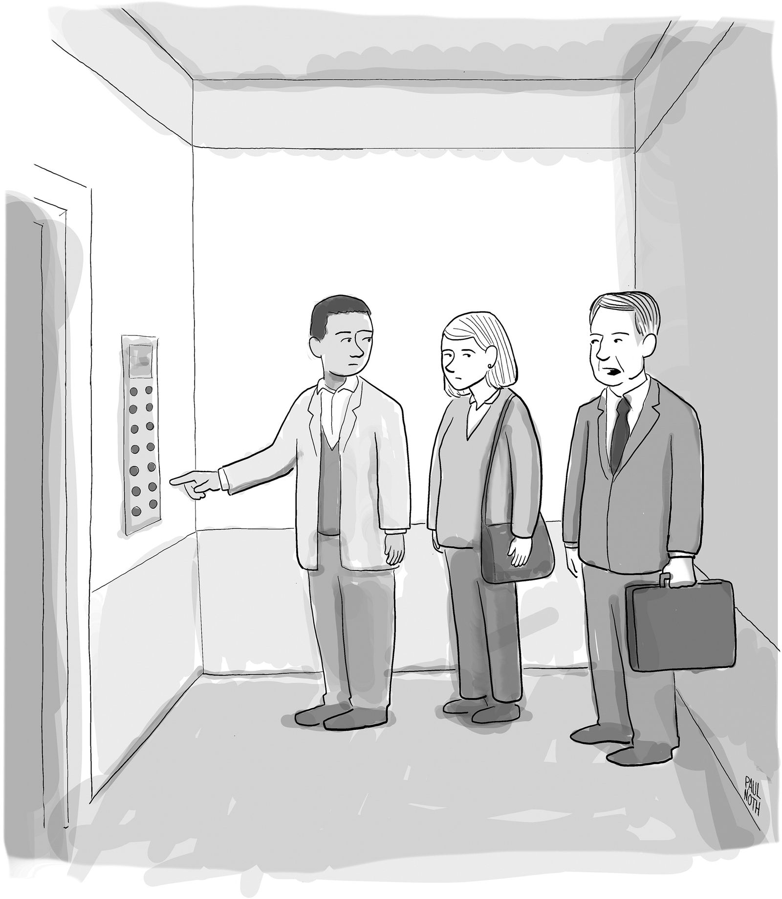 Three people standing in elevator.