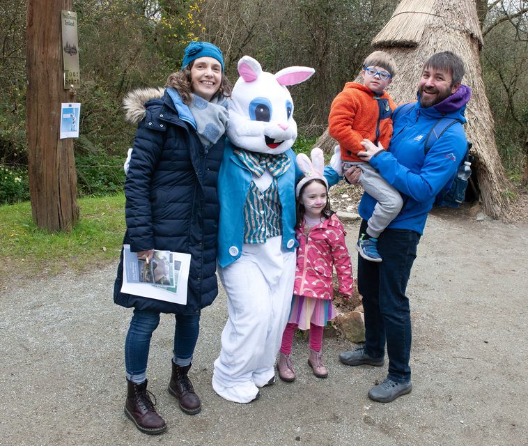 The Gannon family enjoying the Down Syndrome Easter Egg Hunt in the Irish National Heritage Park on Sunday, pictured with the Easter Bunny. Photo: Jim Campbell