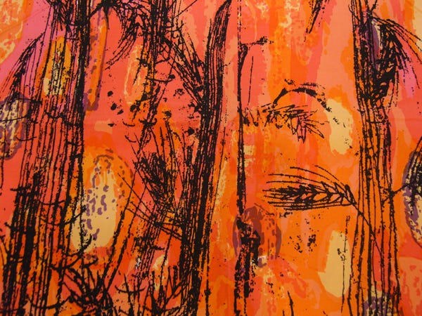 furnishing fabric golden harvest; furnishing fabric golden harvest of printed heavy cotton satin, designed by althea mcnish for hull traders ltd., great britain, 1960s hull traders ltd.; althea mcnish great britain 1960s printed cotton satin