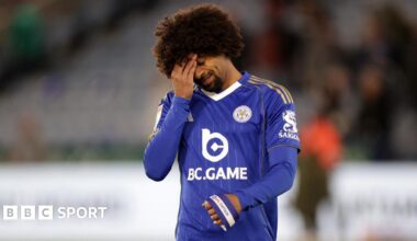 Hamza Choudhury of Leicester City reacts after the club are relegated to League One