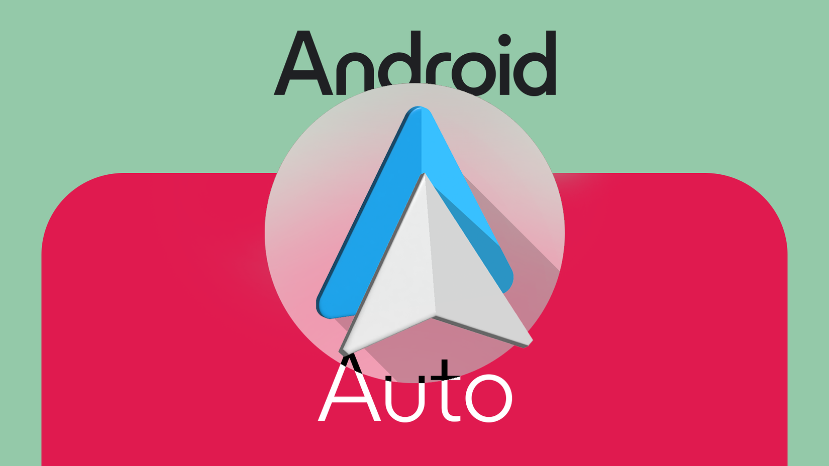 Android Auto logo over a green and red background, with the words 'Android Auto' visible behind it