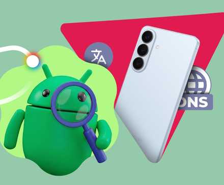 Android mascot with a magnifying glass next to a Samsung smartphone.