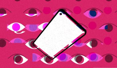 spyware illustrated; blank smartphone screen over a pink background of multiple eyes