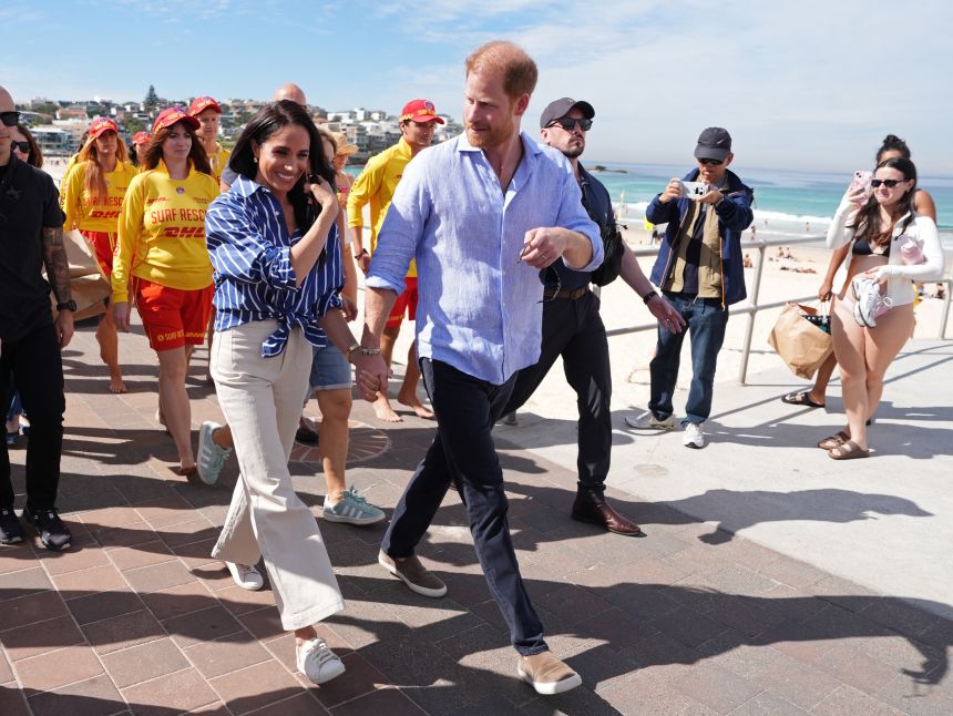 The Duke and Duchess of Sussex met volunteer first responders from Bondi Surf Bathers' Life Saving Club, who rushed to the aid of victims of the Bondi shooting in December.