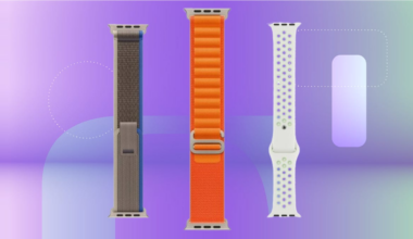 Three Apple Watch bands in gray, orange, and white