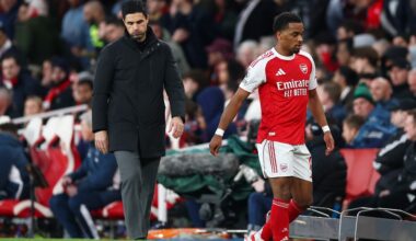 Mikel Arteta, Manager of Arsenal, reacts as Jurrien Timber of Arsenal is substituted during the Premier League match between Arsenal and Everton at...