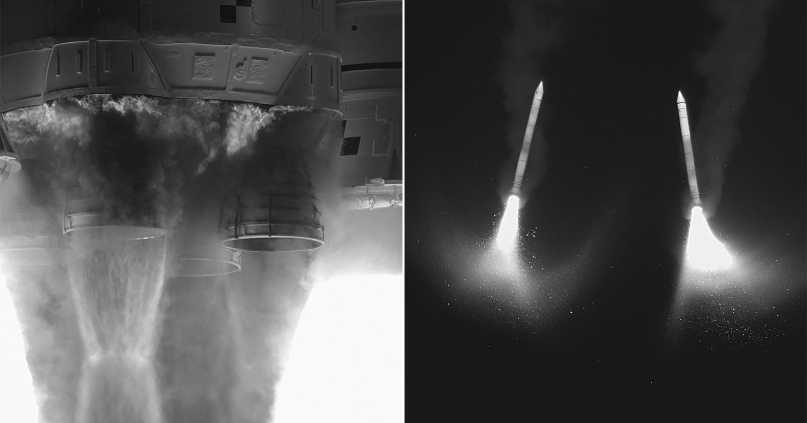 Left: Close-up of rocket engines with smoke and flames at launch. Right: Two missiles in flight, leaving bright trails and plumes against a dark sky. Both images are in black and white.