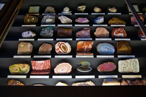 minerals collection in a display case