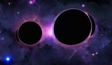Illustration of two black holes orbiting each other.