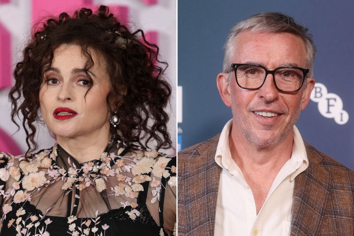 On the left, Helena Bonham-Carter in a black dress at a premiere. On the right, Steve Coogan in a brown chequered suit at a screening. Both are looking directly at the camera and smiling.