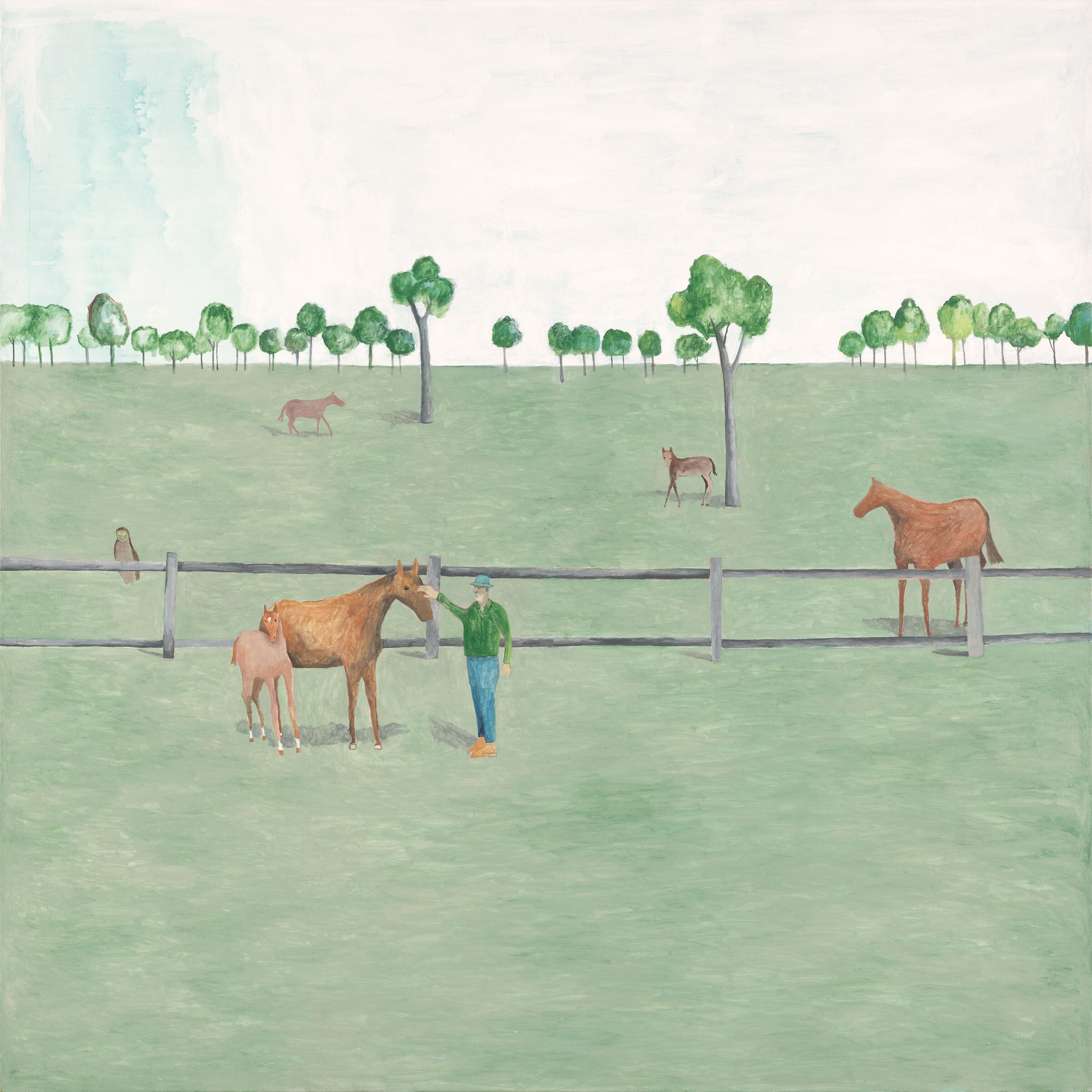 A painting of a man standing in a field with three horses.