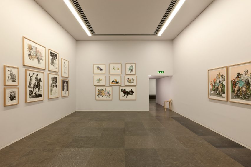Exhibition room displaying Paula Rego artworks arranged across white gallery walls