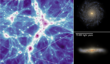 See and hear galaxies: Left image is white 3D webbing with concentrations of purple; right is 2 galaxies.