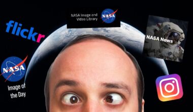 A person with crossed eyes looks up at floating NASA logos, images, and social media icons, including Flickr and Instagram, against a backdrop of Earth from space.