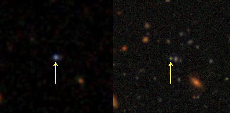 An image showing the galaxy J0218−0036 in 2002 on the left and in 2018 on the right.