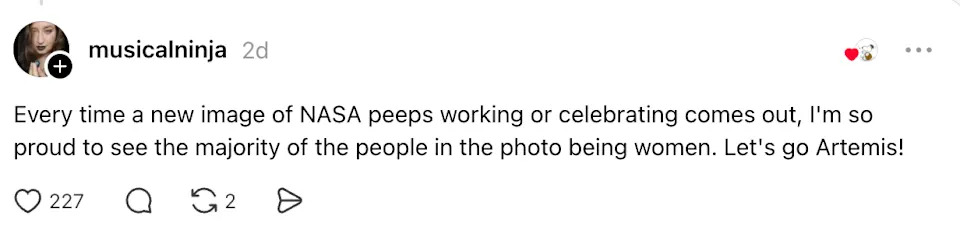Social media post celebrating NASA photos with many women, mentioning Artemis program