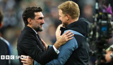 Yasir Al-Rumayyan greets Eddie Howe after Newcastle United qualify for the Champions League following a goalless draw against Leicester City at St James' Park on 22 May, 2023