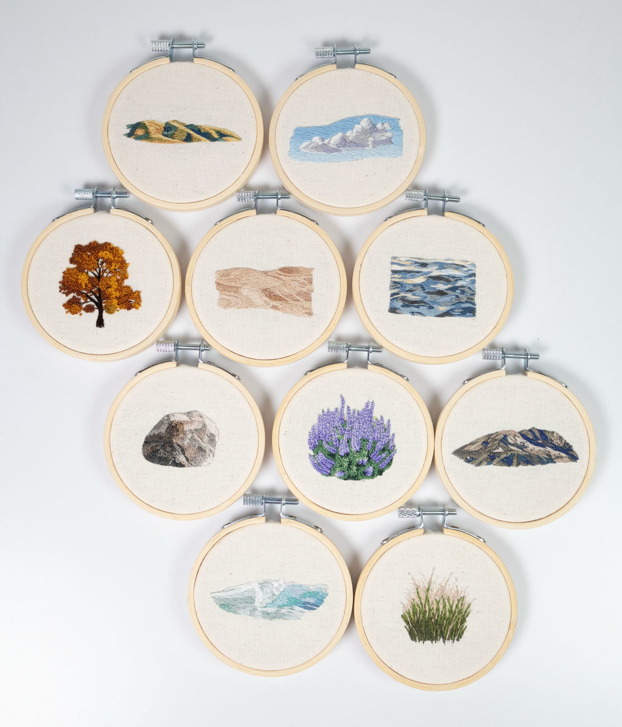 a collection of natural objects in light wood hoops by Cassandra Dias