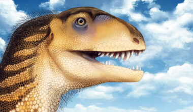 The posterior portion of the skull Ptychotherates bucculentus, meat-eating dinosaur, in posterior view. Crossed circle indicates posterior direction out of page. Scale bar represents 1 cm. Credit: Virginia Tech