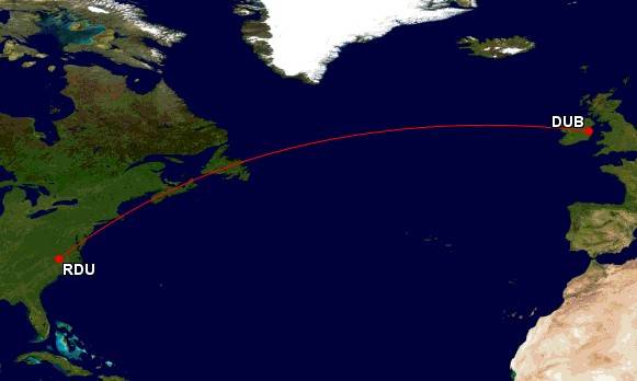 Aer Lingus Dublin to Raleigh-Durham flight route ma