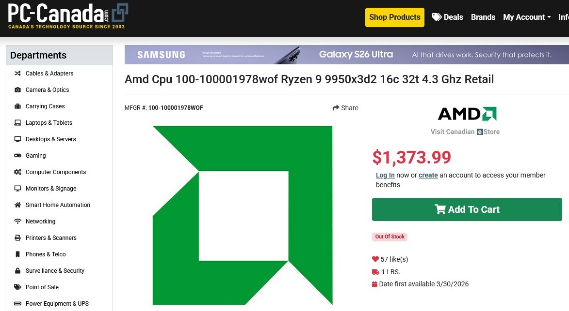 Canadian Listings of Ryzen 9 9950X3D2 Indicate Near-$1000 US Pricing