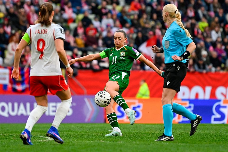 Ireland captain Katie McCabe shoots to score her side's second goal during the 2027 Women’s World Cup qualifier win over Poland at Polsat Plus Arena in Gdansk, Poland. Photo: Stephen McCarthy/Sportsfile