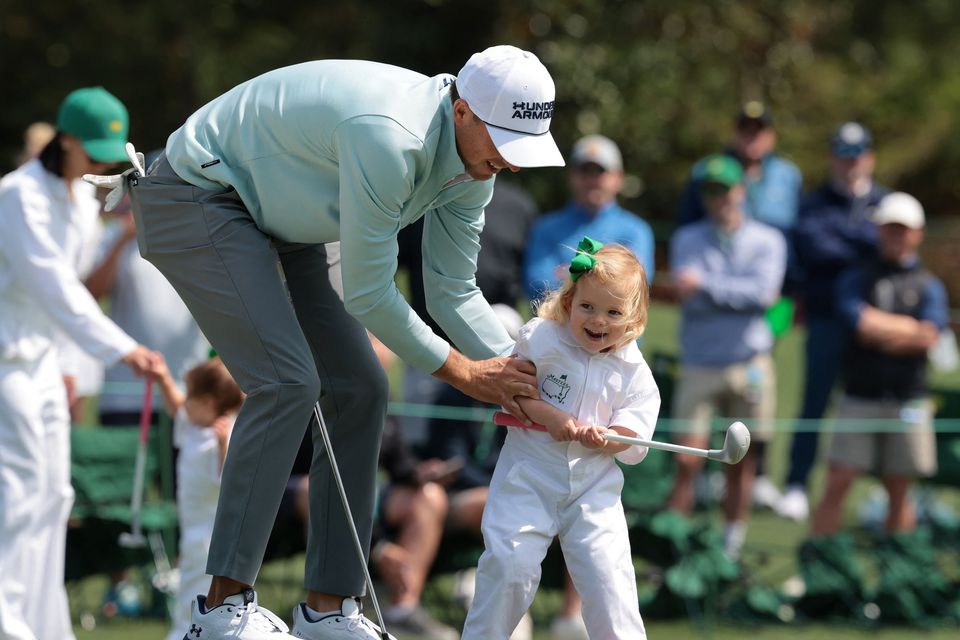 Golf - The Masters - Augusta National Golf Club, Augusta, Georgia, U.S. - April 8, 2026
Jordan Spieth of the U.S. with his daughter Sophie on the 3rd hole during the par 3 contest REUTERS/Kylie Cooper