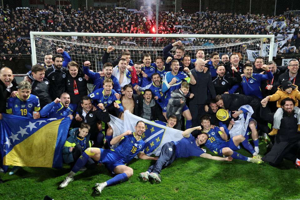 Bosnia and Herzegovina players and staff celebrate qualifying for the World Cup. Photo: Reuters/Amel Emric