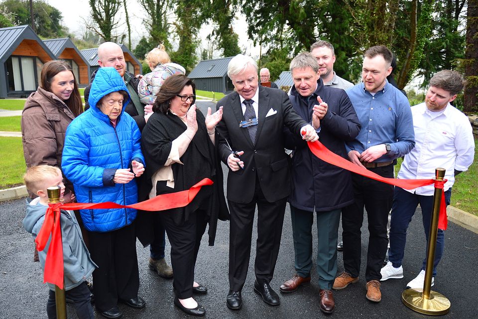 John Brennan with Francis Brennan cutting the ribbon at the official opening of the Narrow Water Lodges, Cornamucklagh House, Omeath. Photo: Aidan Dullaghan/Newspics