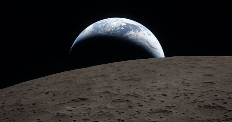 A view of Earth rising above the Moon’s cratered surface, showing a curved horizon and Earth's blue and white colors against the blackness of space.
