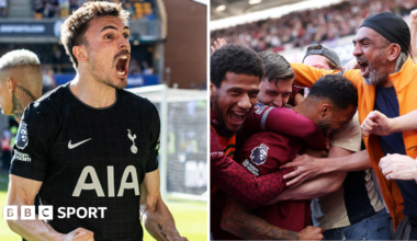 Split image of Tottenham and West Ham players celebrating their respective goals