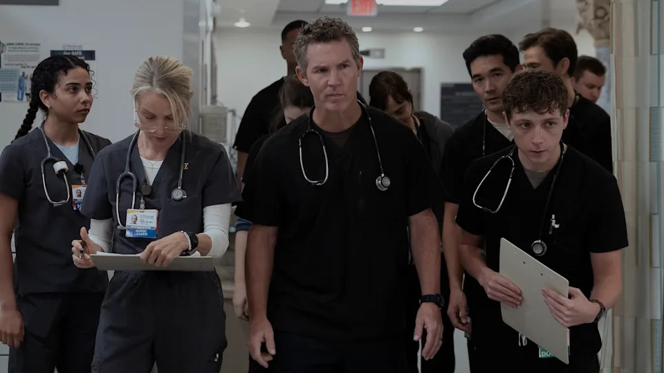 Abbot leading the night shift into the ED in The Pitt 213