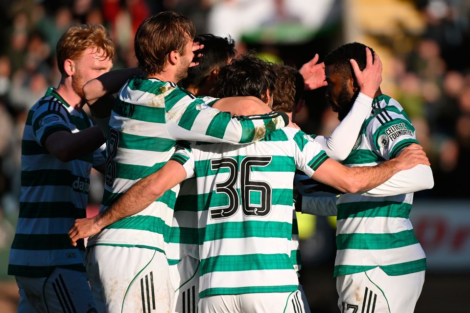 Celtic's Kelechi Iheanacho celebrates scoring their second goal against Dundee on Sunday.