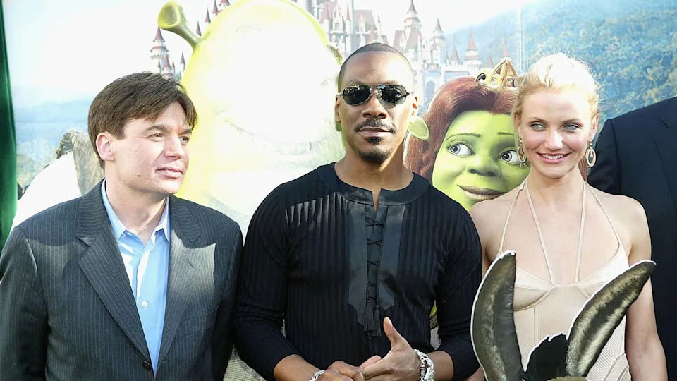 Mike Myers, Eddie Murphy and Cameron Diaz attend the Los Angeles premiere of the Dreamworks Pictures' film "Shrek 2" at the Mann Village Theatre May 8, 2004 in Westwood, California. Kevin Winter&sol;Getty Images