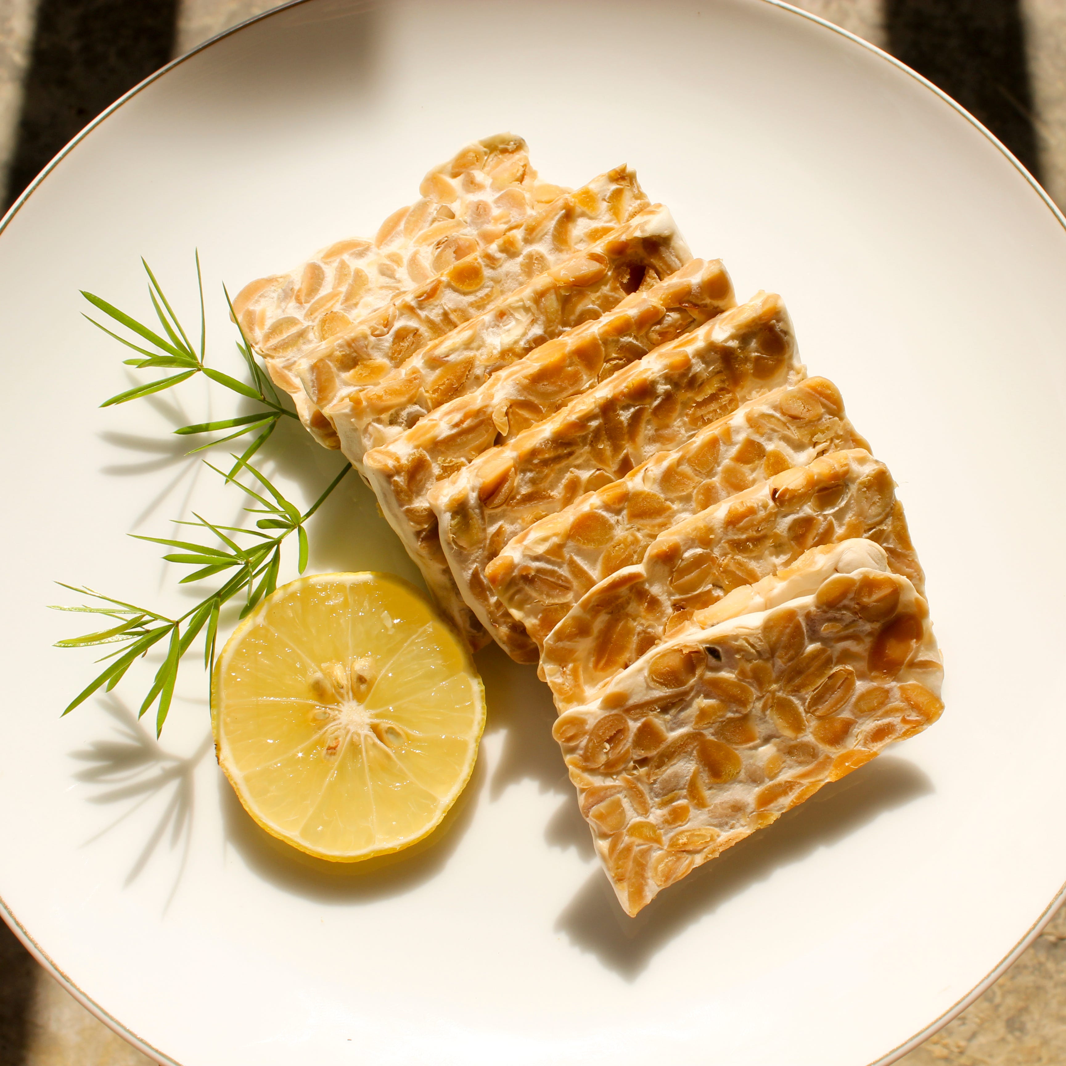 Close-up of raw tempe slices