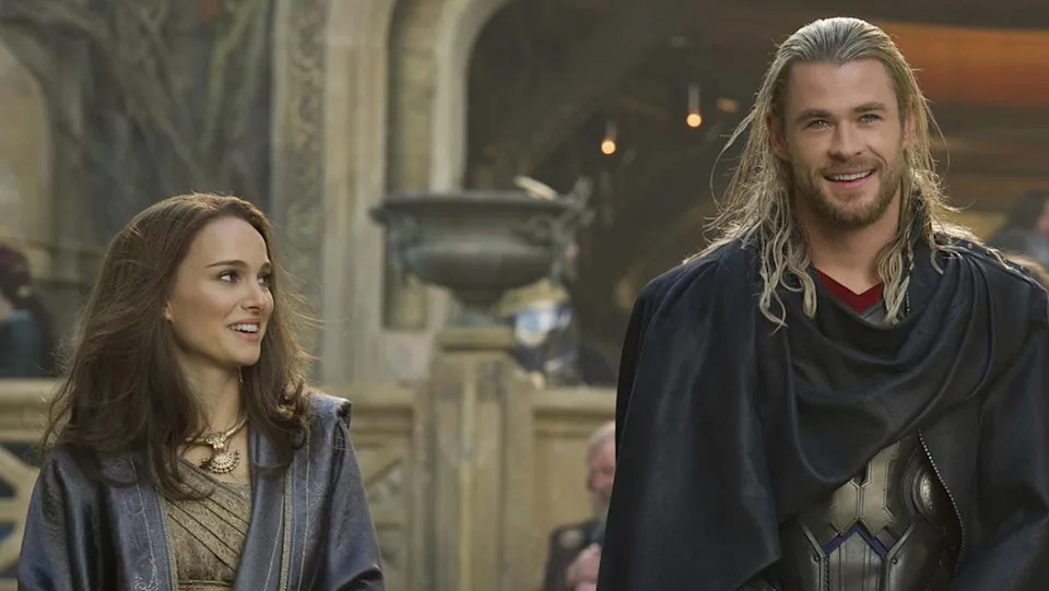 Jane Foster (Natalie Portman) wearing Asgardian robes, looks at Thor (Chris Hemsworth) in Thor the Dark World, a movie that What If...could make even more important.