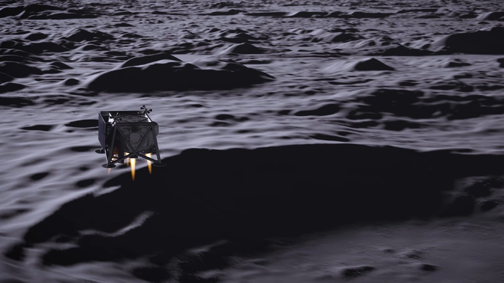 a cube-shaped vehicle soars above a dusty grey surface dotted with craters