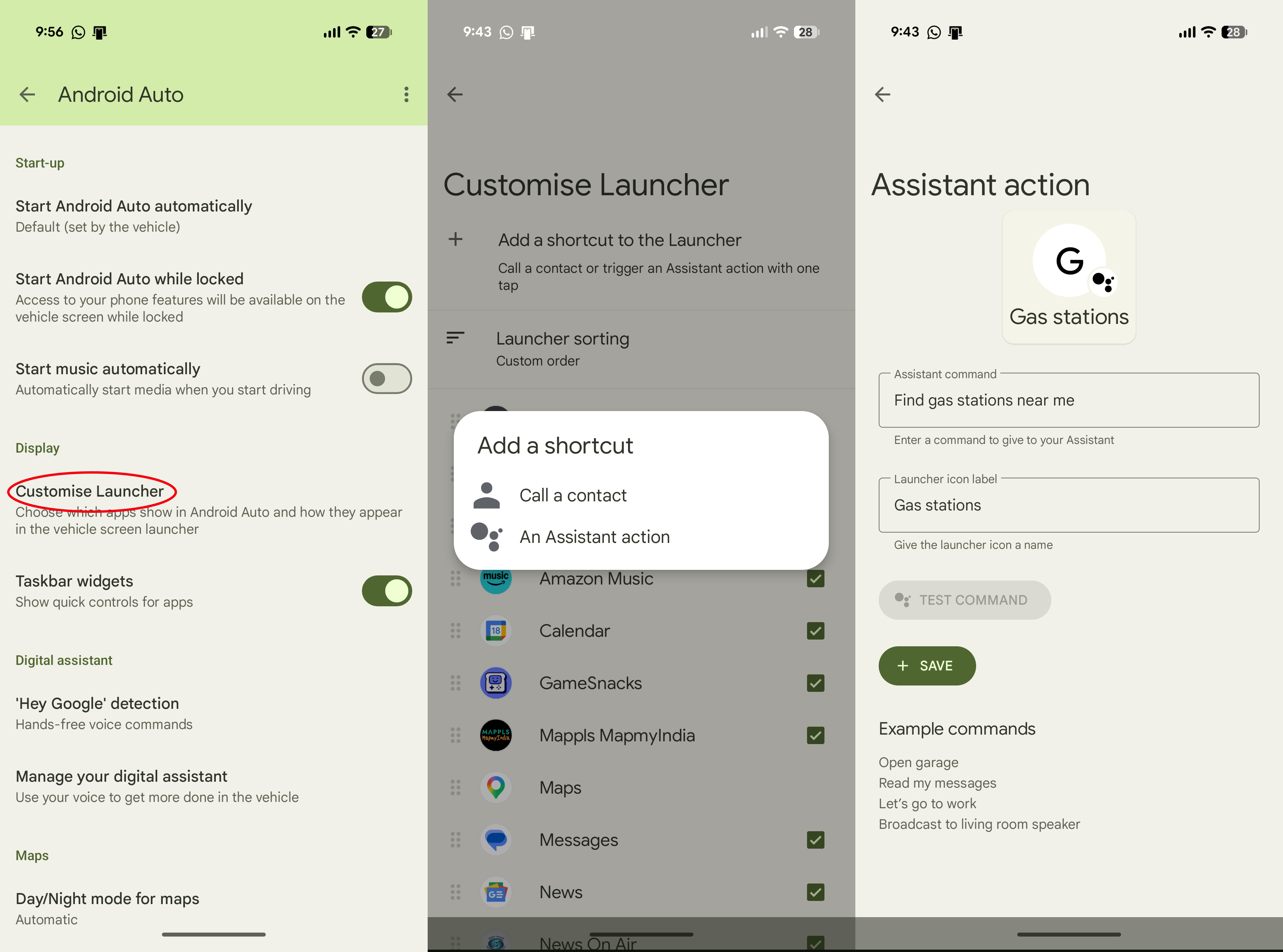 Custom shortcuts for contacts and Assistant actions in Android Auto settings