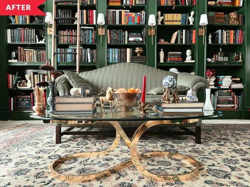 After: Library with green-painted built-in shelving