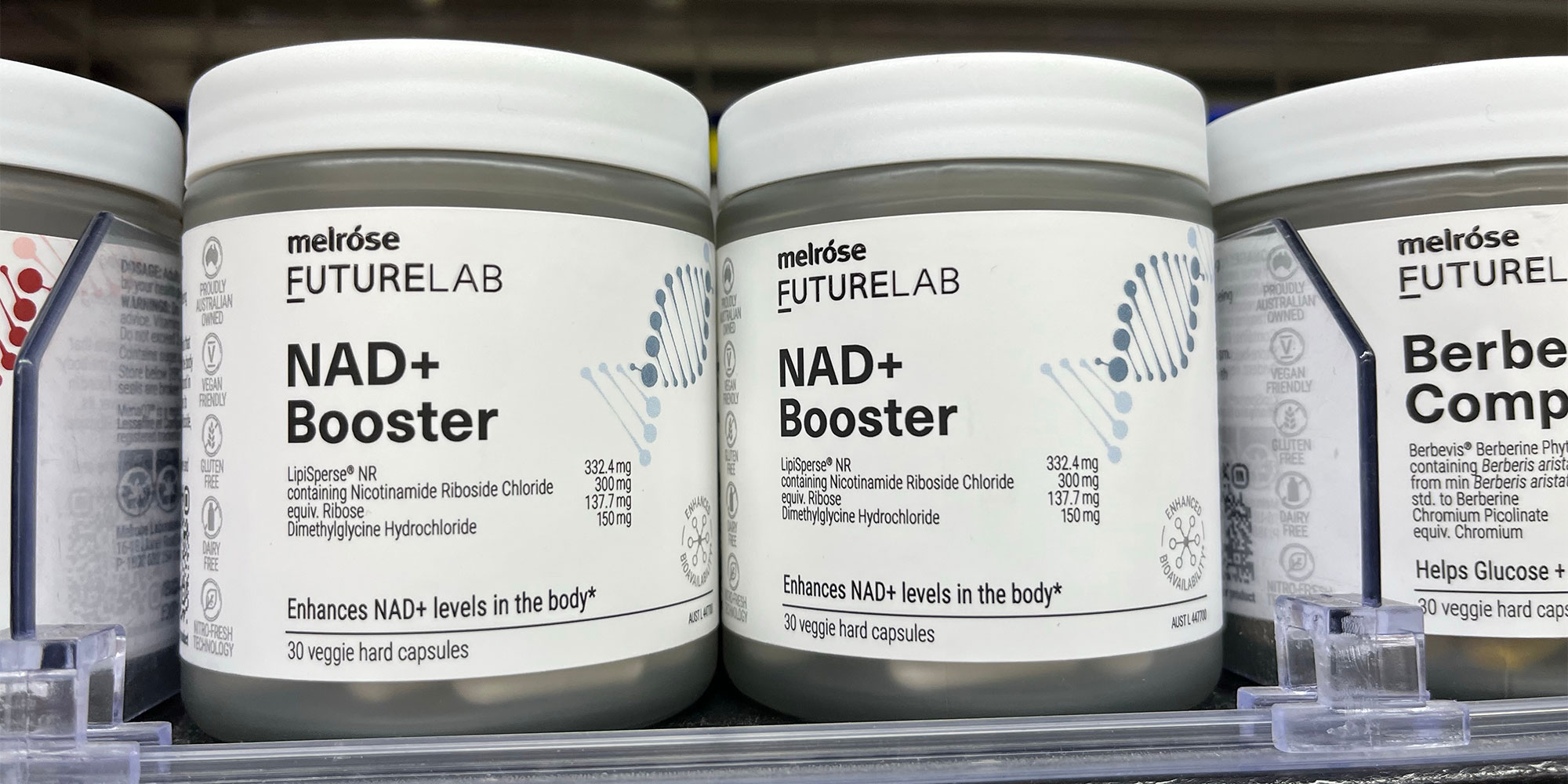 NAD+ supplements on a shelf for sale
