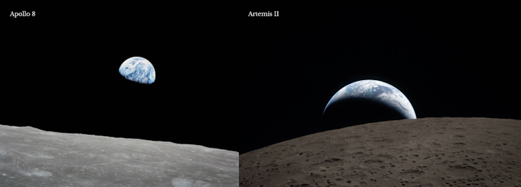 Two photos of the Earth, partially shadowed, hanging above the surface of the Moon.