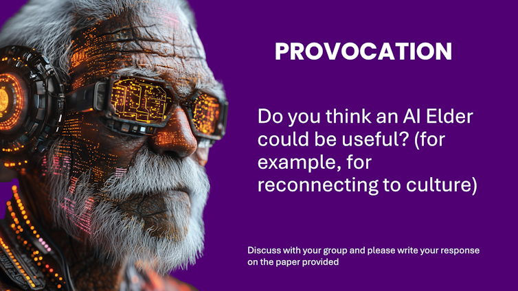 An older Indigenous man wearing hi-tech gear. Text says: do you think an AI Elder could be useful (for example, for reconnecting to culture)?