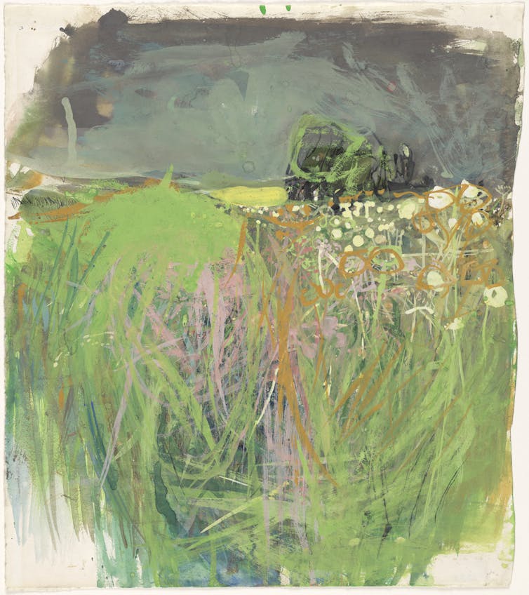 A pastel drawing of a summer field with flowers.