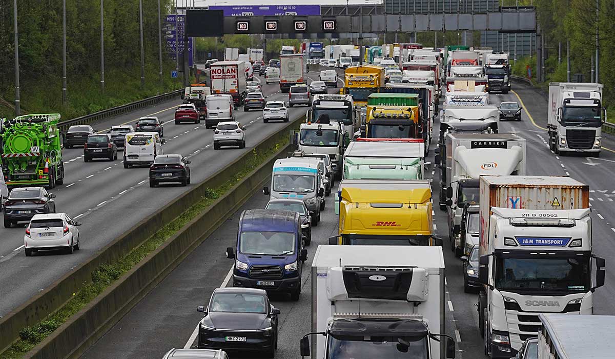 Heavy traffic on Dublin's M50 Northbound, due to vehicles taking part on the third day of a National Fuel Protest against rising fuel prices. Hauliers and agricultural contractors staged a series of slow-moving convoys on motorways as well as blockades of fuel depots and major routes across the country on Tuesday and Wednesday. Picture date: Thursday April 9, 2026.