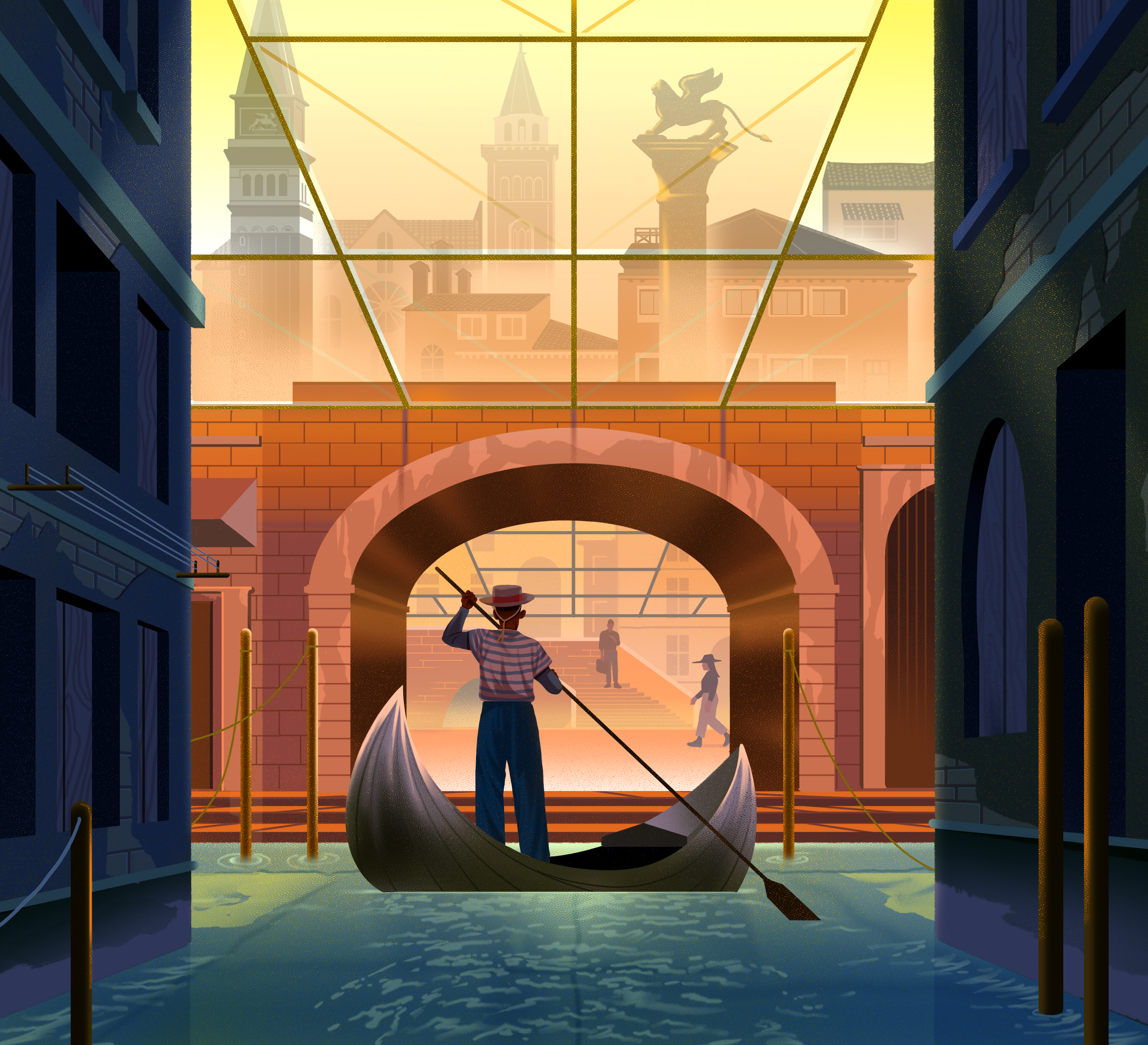 A gondolier steers a boat through a canal lined with buildings, under a bridge, with people and Venetian architecture visible in the background.