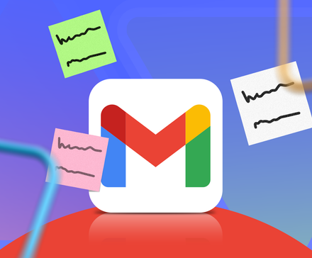 Gmail logo surrounded by floating colorful sticky notes on a blue background