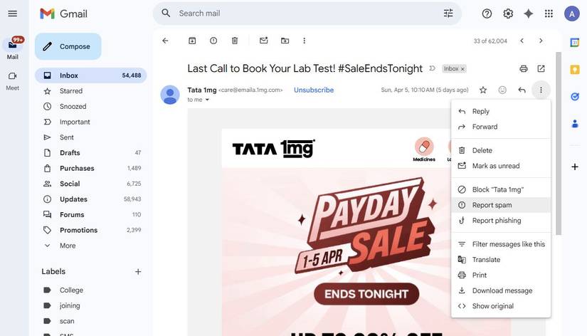 Screenshot showing how to report spam in Gmail