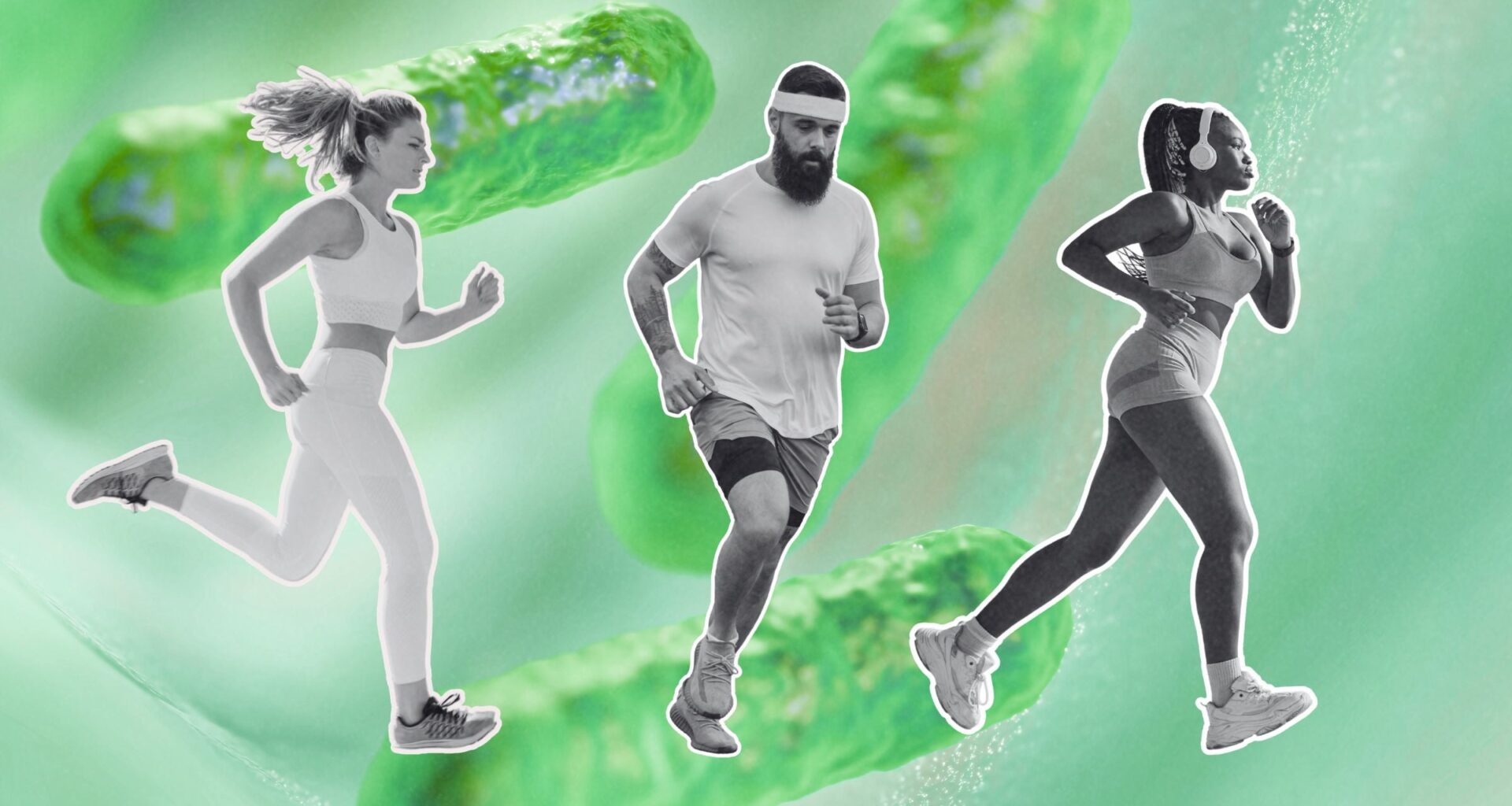 two women and one man running on an gut bacteria background