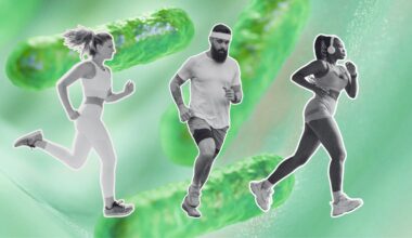 two women and one man running on an gut bacteria background