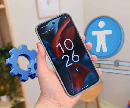 Hand holding Pixel phone with accessibility and gear icons in background